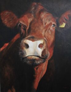 Oil painting of a Sussex cow in portrait format