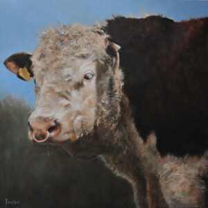 Oil painting of a bull seen on the banks of the River Stour