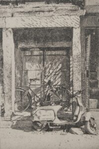 Etching of a bicycle shop from in Jodhpur India by Will Taylor