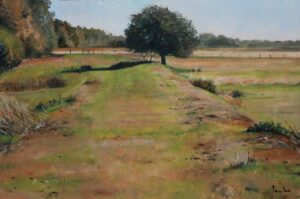 Oil painting landscape of old railway line on Rye nature reserve by Will Taylor
