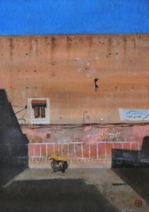 Oil painting of a voting wall in Marrakech Morrocco in portrait format